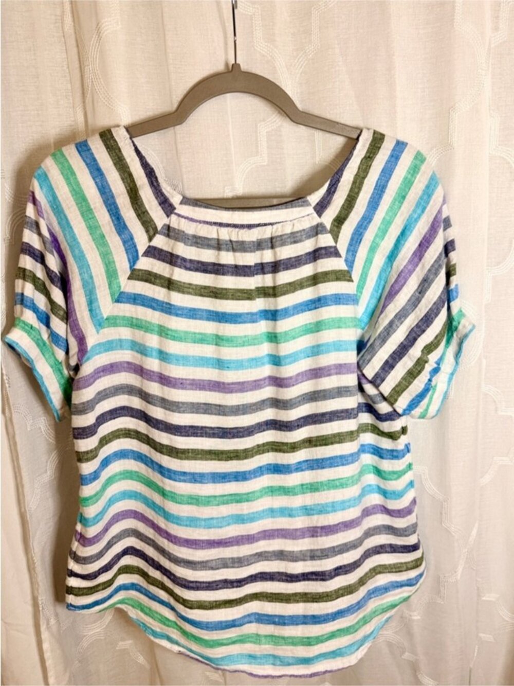 Colorful Striped Peasant Linen Top | - Picture 2 of 2